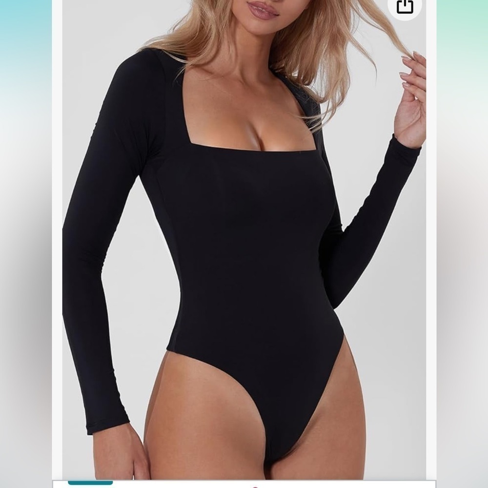 QINSEN,Sexy Square Neck Bodysuit Long Sleeve,Double Lined Shirt Bodysuit, Size S